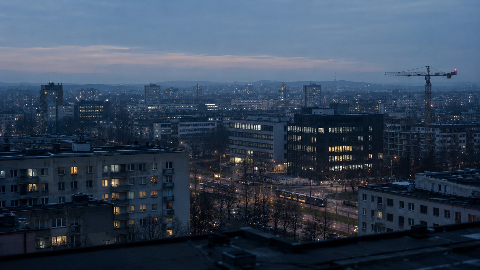 Kraków at dusk from a high window: offices, lit flats and a tram line, thousands of people at work.